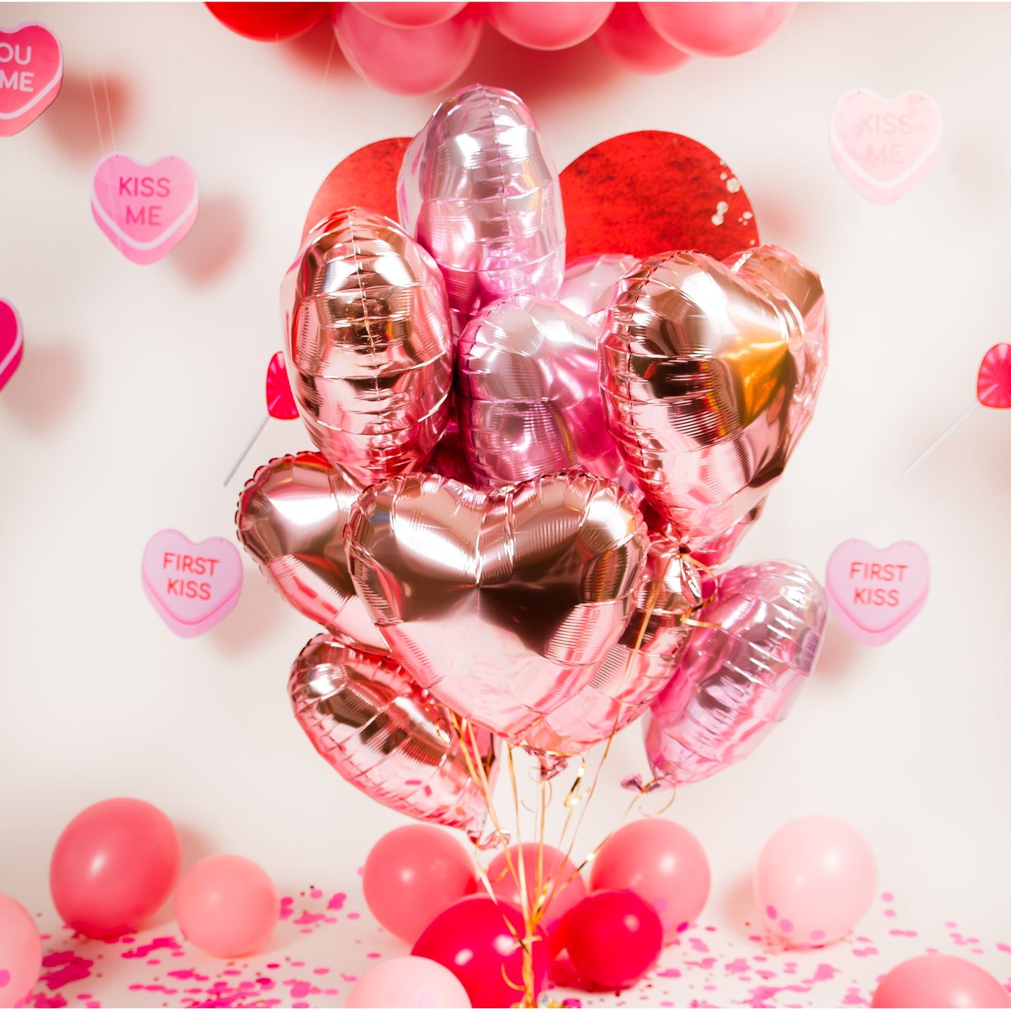 Ramillete corazones rosa metalico